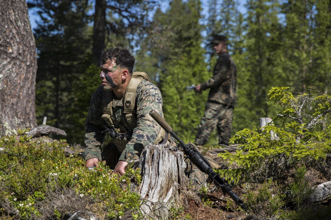 Sgt. Gabriel Morales, a rifleman with Marine Rotational Force Europe 17.1, locates enemy grid coordinates during a call for fire exercise June 29, 2017, in Stjørdal, Norway. The call for fire was the first of seven stations Marines traveled to during a squad competition. Other stations included practical application in land navigation, squad ambush, reconnaissance patrol, the orders process, casualty aid, and casualty evacuation. (U.S. Marine Corps photo by Cpl. Emily Dorumsgaard)