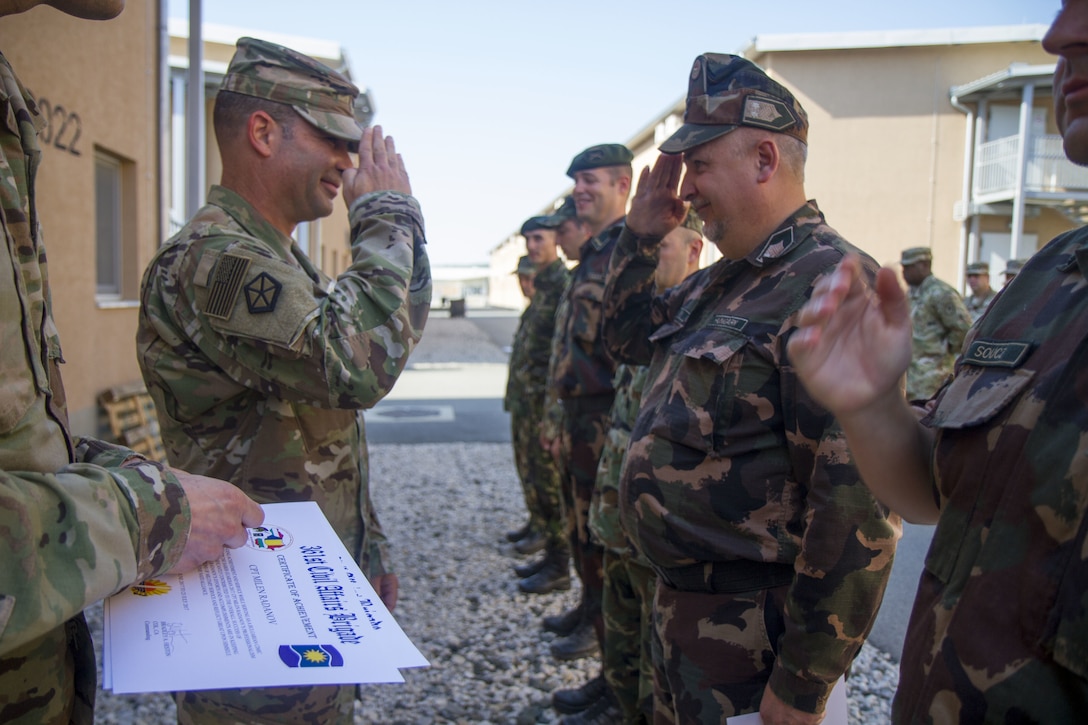 Col. Bradley Heston, 361st Civil Affairs Brigade Commander, thanks Civil Military Cooperation partners from Bulgaria, Hungary and Romania for their teamwork with U.S. Army civil affairs teams during Saber Guardian 17 at Novo Selo Training Area, July 21 (U.S. Army Reserve photo by Capt. Jeku Arce, 221st Public Affairs Detachment)