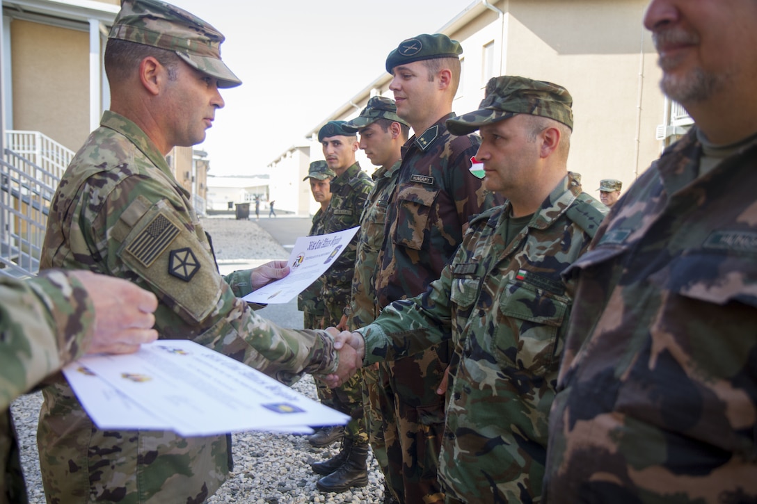 Col. Bradley Heston, 361st Civil Affairs Brigade Commander, thanks Civil Military Cooperation partners from Bulgaria, Hungary and Romania for their teamwork with U.S. Army civil affairs teams during Saber Guardian 17 at Novo Selo Training Area, July 21 (U.S. Army Reserve photo by Capt. Jeku Arce, 221st Public Affairs Detachment)