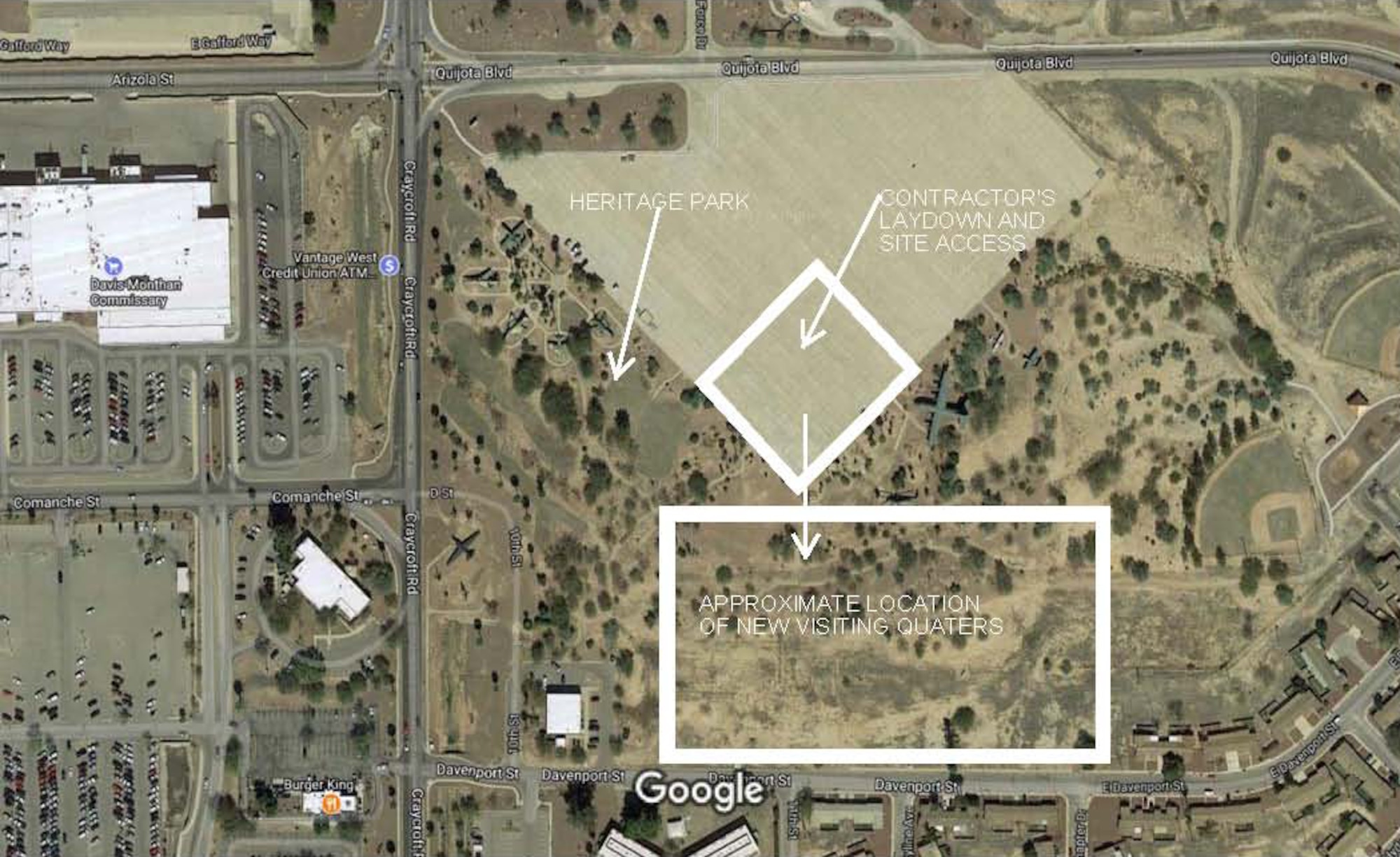 A graphic illustrates the location of construction of a new visiting quarters facility at Davis-Monthan Air Force Base, Ariz. The Heritage Inn visiting quarters, estimated to cost approximately $44 million, will provide Airmen and government civilian employees a contemporary lodging experience. (Courtesy graphic) 