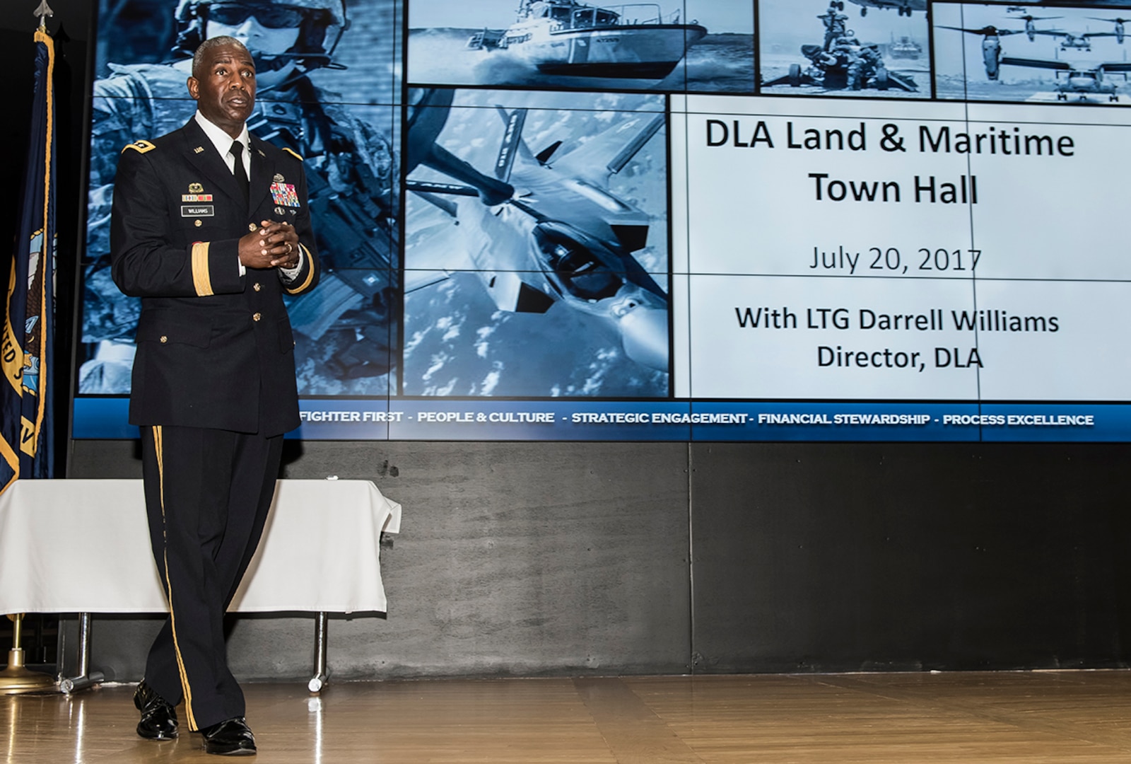 Defense Logistics Agency Director Army Lt. Gen. Darrell Williams addresses the audience at DLA Land and Maritime July 20 during his first Town Hall at the Columbus installation since becoming director of the agency. Williams previously served as Land and Maritime Commander from September 2010 to July 2012.