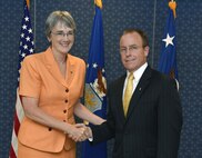 Mr. Jeffrey C. Allen, Executive Director, Air Force Sustainment Center, Air Force Material Command, Tinker AFB, Oklahoma receives the Presidential Meritorious Rank Award during a ceremony at the Pentagon, Washington, D.C., July 14, 2017.  The award is limited each year to only 1 percent of the Air Force’s senior executives and only 5 percent of SES employees may receive the Presidential Meritorious Rank Award. (U.S. Air Force photo/Wayne A. Clark)