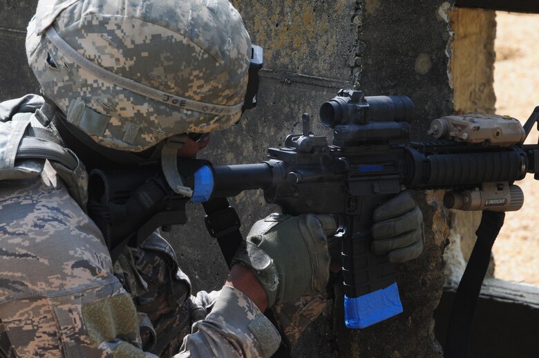 A member of the 916th Security Forces Squadron provides cover down range during “shoot, move and communicate” training on July 16, 2017, at Seymour Johnson Air Force Base, North Carolina. (U.S. Air Force photo by Senior Airman Jeramy Moore)