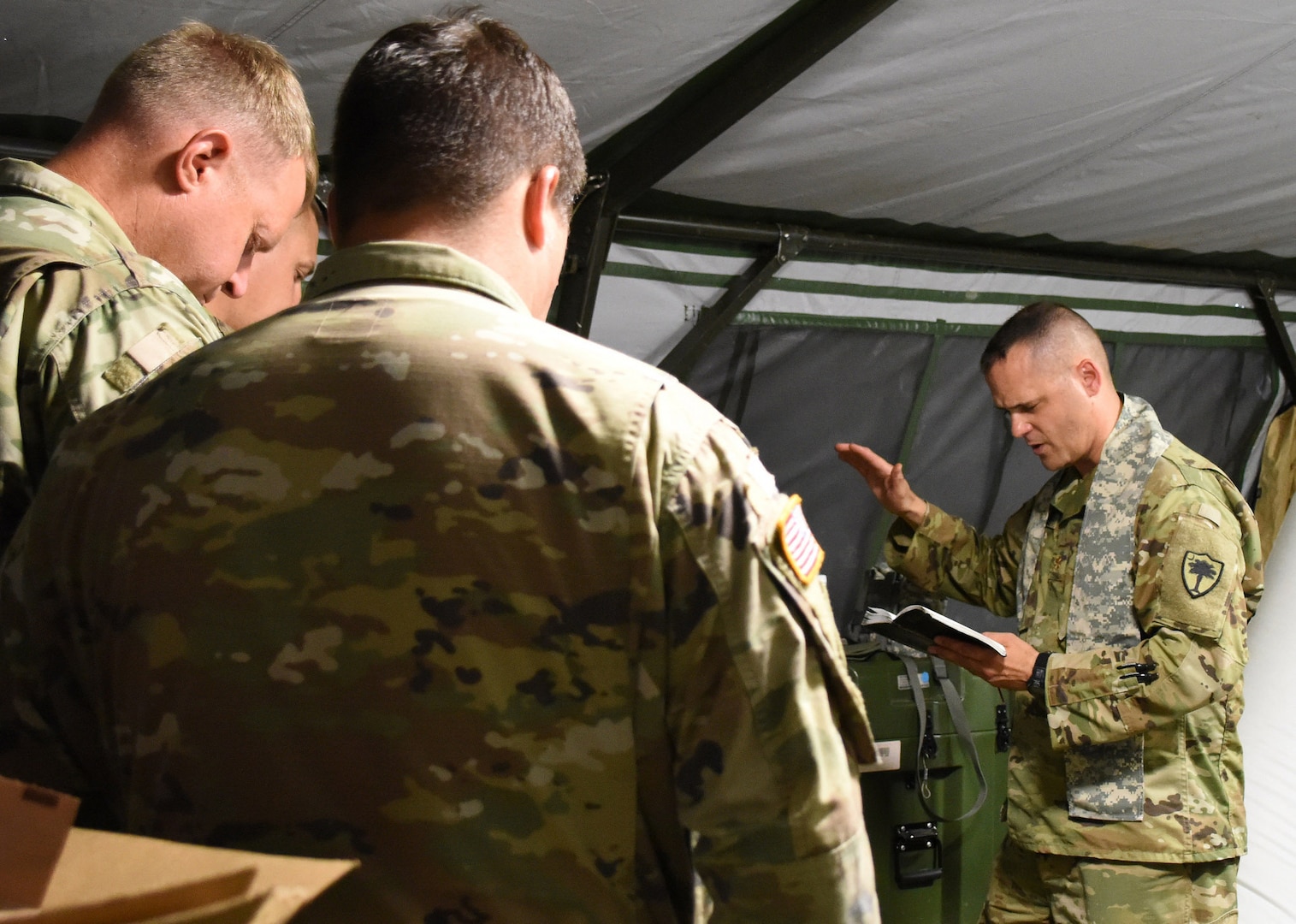 Chaplain (Maj.) Brandon Candee, 1-151st Attack Reconnaissance Battalion chaplain, conducted chapel services July 9, 2017, during annual training at Fort Stewart, Georgia. The sermon focused on the fear of change and how to overcome those fears in preparation for deployment for Soldiers with the 1-151st ARB.