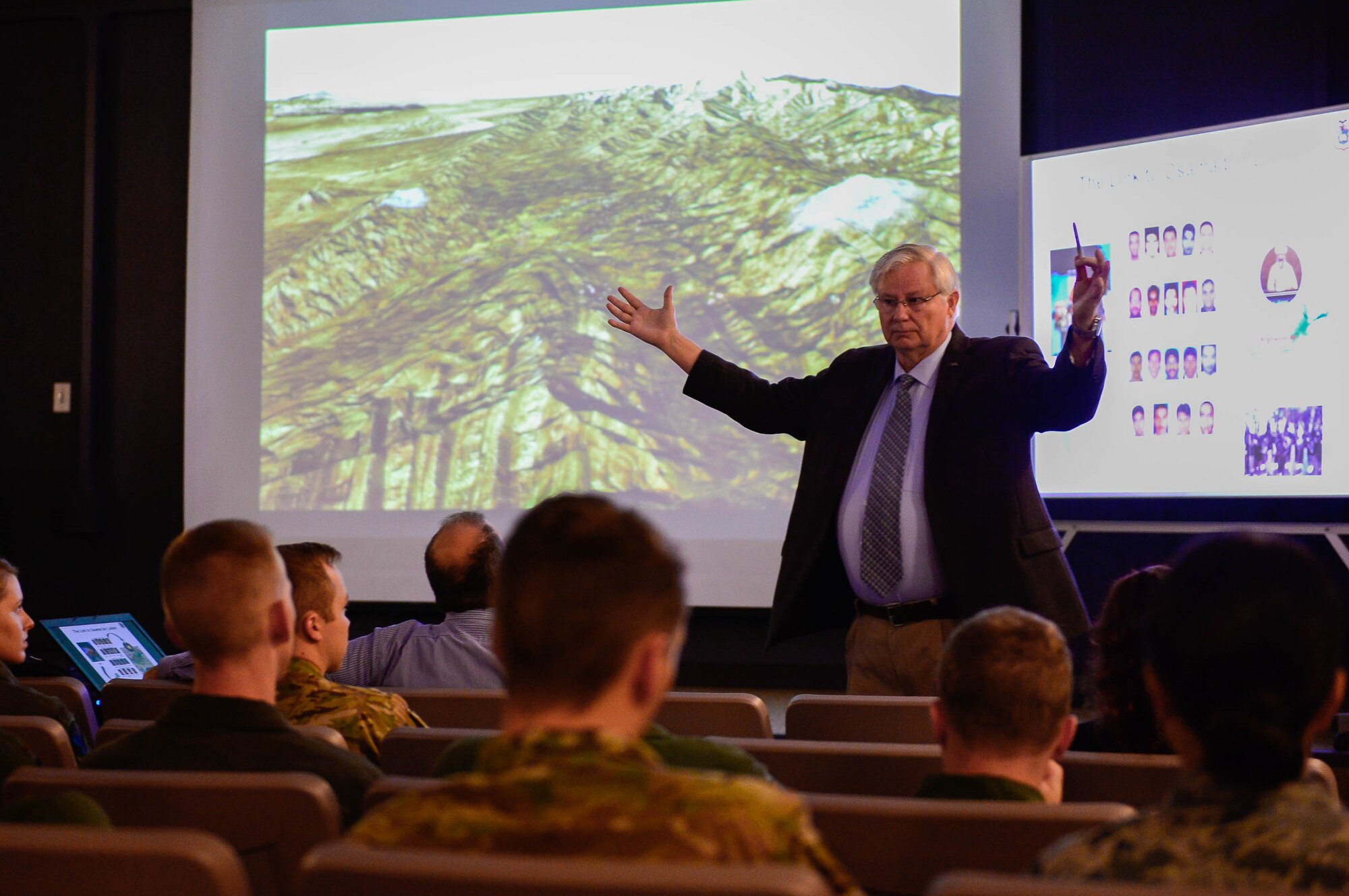 Ret. Air Force Col. Dan Jordan, speaks to Airmen attending a virtual staff ride at Cannon Air Force Base, New Mexico, July 12, 2017, in the 16th Special Operations Squadron auditorium.  The event was a form of professional development partially used to better understand previously used military tactics and strategies. (U.S. Air Force Photo by Staff Sgt. Charles Dickens/Released)