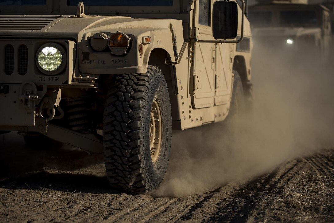 U.S. Army Reserve military police Soldiers from the 56th Military Police Company, of Mesa, Arizona, stage vehicles for a convoy during a Combat Support Training Exercise (CSTX) at Fort Hunter Liggett, California, July 22, 2017. (U.S. Army Reserve photo by Master Sgt. Michel Sauret)
