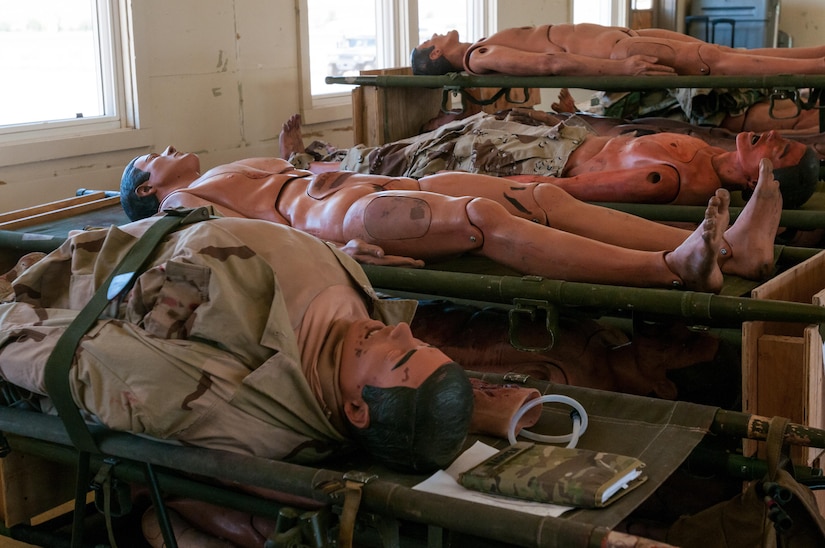 Mannequins lay on gurnies at Camp Roberts, California, before being prepared by the Effects and Enablers Team, which is augmenting the 84th Training Command's Combat Support Training Exercise and the Army Medical Command’s Global Medic Exercise headquartered out of Fort Hunter Liggett, California, July 16, 2017.