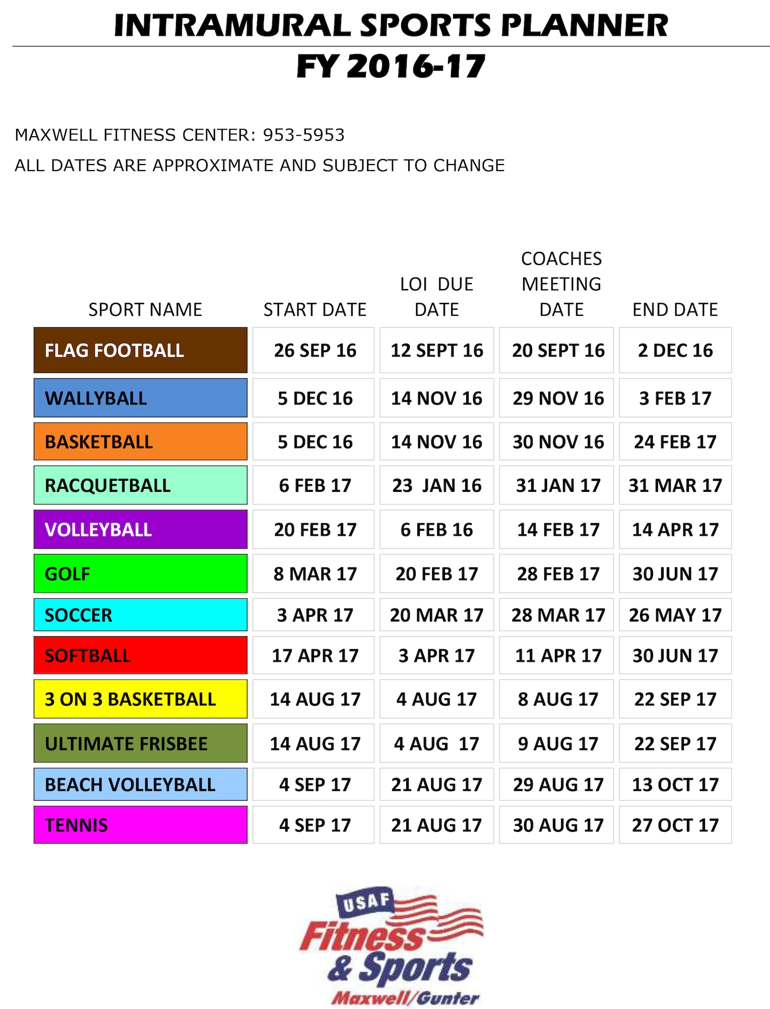 A schedule of all intramural sports offered at Maxwell Air Force Base for Airmen of all ranks. The purpose of the intramural sports program is to encourage participation, sportsmanship, physical conditioning, and spirit de corps. (Courtesy Graphic)