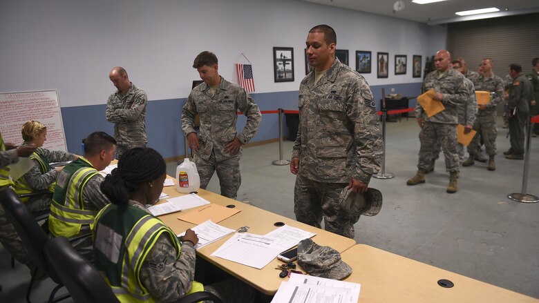 Team Little Rock Airmen out-process in preparation for Mobility Guardian July 20, 2017, at Little Rock Air Force Base, Ark. Mobility Guardian 2017 is Air Mobility Command’s largest and most realistic, scenario-driven exercise. More than 20 nations will participate as combat airlifters perform airdrops, aerial refueling, aeromedical evacuations and more.  (U.S. Air Force photo by Staff Sgt. Harry Brexel)