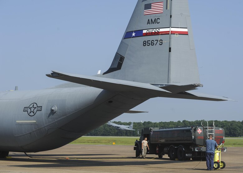 Team Little Rock members refuel a C-130J from Dyess Air Force Base, Texas, July 20, 2017, on the flightline at Little Rock Air Force Base, Ark. The aircraft was one of two C-130Js sent from Dyess AFB in preparation for Mobility Guardian, the most realistic, real-world scenario-driven exercise that Air Mobility Command has ever conducted. (U.S. Air Force photo by Airman 1st Class Grace Nichols)