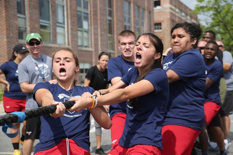 Semper Fidelis All-Americans compete in a tug-of-war competition at Under Armour’s headquarters in Baltimore, Maryland as part of the as part of the inaugural Battles Won Academy, July 15, 2017. The Battles Won Academy is a part of the Marine Corps’ Semper Fidelis All-American Program, which recognizes young men and women who excel in athletics, but have also shown themselves to be leaders in the classroom and in their hometowns. Ninety-seven high school student-athletes attended the academy, which focused on developing their self-confidence, discipline, teamwork, and honing the fighting spirit that embodies the Marine Corps. (U.S. Marine Corps photo by Sgt. Bryan Nygaard/Released)