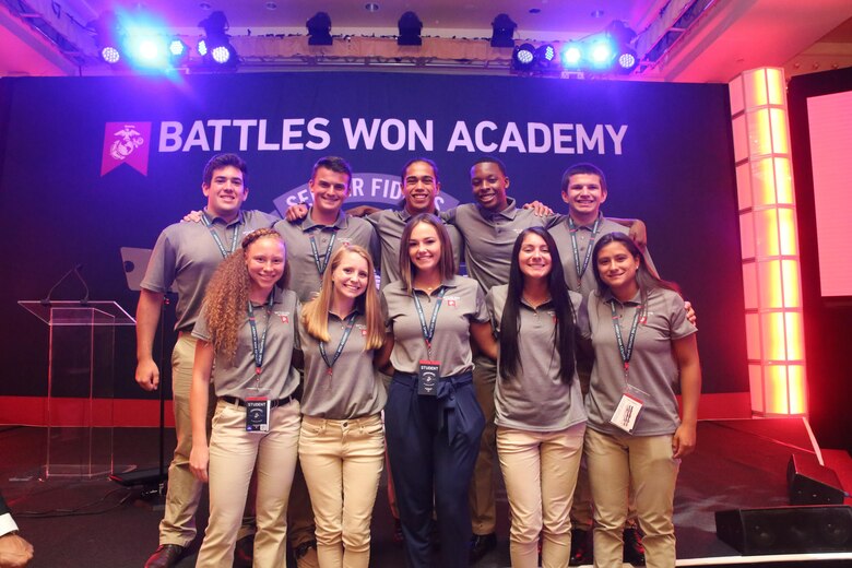 Semper Fidelis All-Americans pose for a photo during the closing ceremonies of the Battles Won Academy in Washington D.C., July 16, 2017. The Battles Won Academy is a part of the Marine Corps’ Semper Fidelis All-American Program, which recognizes young men and women who excel in athletics, but have also shown themselves to be leaders in the classroom and in their hometowns. Ninety-seven high school student-athletes attended the academy, which focused on developing their self-confidence, discipline, teamwork, and honing the fighting spirit that embodies the Marine Corps. (U.S. Marine Corps photo by Sgt. Bryan Nygaard/Released)
