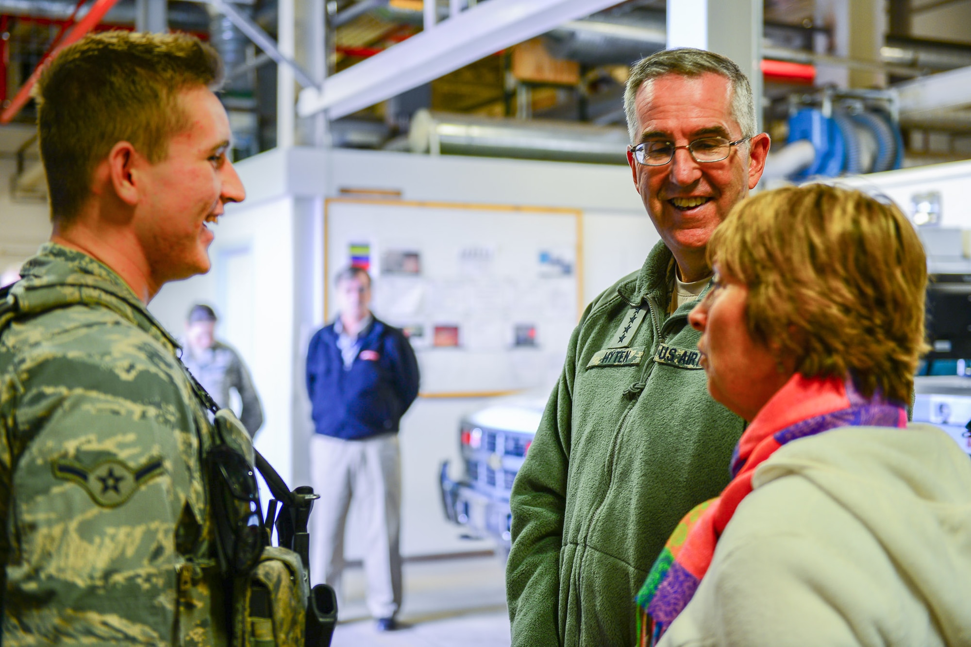 Gen. John Hyten, U.S. Strategic Command commander, and his wife, Laura, meet with Airman Zackery Freiberg, 821st Security Forces Squadron, while at the 12th Space Warning Squadron, July 17, 2017, at Thule Air Base, Greenland. Hyten visited with Airmen during a visit to Thule AB at an all call and lunch at 12th SWS. The 12th SWS operates a Ballistic Missile Early Warning System providing early warning of Intercontinental Ballistic Missile and Sea Launched Ballistic Missile attacks against the U.S. and Canada. (U.S. Air Force photo by Capt. Md Hussain)