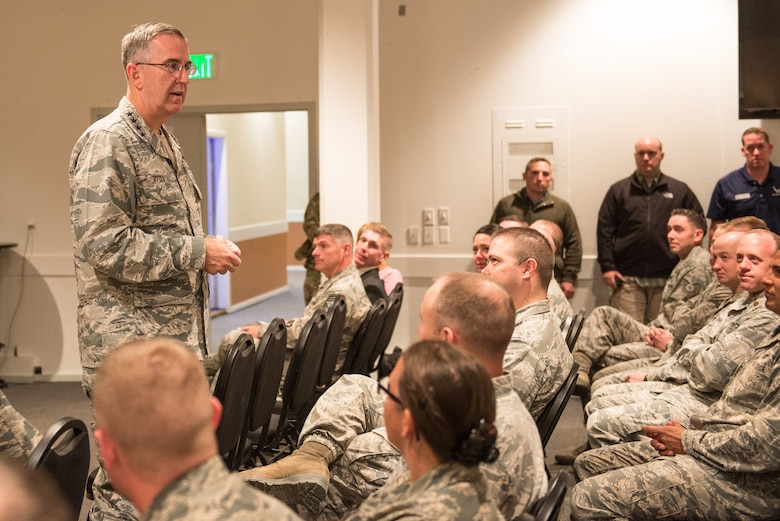 Gen. John Hyten, U.S. Strategic Command commander, discusses Space Corps with Airmen during an all call at the Top of the World Club, July 17, 2017, at Thule Air Base, Greenland. Hyten and his wife, Laura, visited with Airmen during a visit to Thule AB at an all call and lunch at 12th Space Warning Squadron. The 821st ABG enables force projection, space superiority and scientific research in the Arctic Region for our nation and allies.  (U.S. Air Force photo by Capt. Md Hussain)