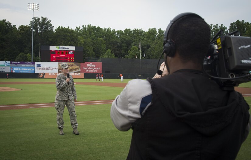 Col. Jocelyn Schermerhorn, Joint Base Andrews and 11th Wing vice commander, speaks during Joint Base Andrews Military Appreciation Night hosted by the Bowie Baysox at Prince George’s Stadium, in Bowie, Md., July 21, 2017. Several military members participated in opening ceremonies including the presenting of the colors, singing the national anthem, and throwing out the ceremonial first pitch. (U.S. Air Force photo by Senior Airman Mariah Haddenham)