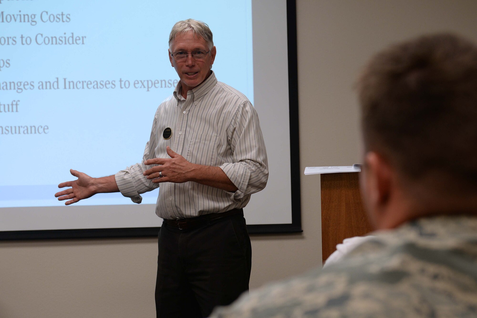 Richard Tomaskovic, 19th Force Support Squadron community readiness consultant, teaches the Living on Your Own Dime class July 19, 2017, at Little Rock Air Force Base, Ark. Airmen are required to take the class to move out of the dorms on base.