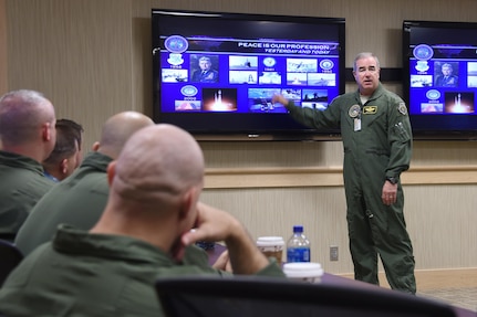 U.S. Air Force Maj. Gen. Richard Evans III, director of Reserve forces and mobilization assistant to the commander of U.S. Strategic Command (USSTRATCOM), discusses strategic deterrence with students and instructors from the School for Advanced Nuclear Deterrence Studies (SANDS) during their visit to USSTRATCOM headquarters at Offutt Air Force Base, Neb., July 24, 2017. During their visit, SANDS students will receive briefings on USSTRATCOM’s missions, history and structure, and participate in USSTRATCOM’s annual Deterrence Symposium. One of nine Department of Defense unified combatant commands, USSTRATCOM has global strategic missions assigned through the Unified Command Plan that include strategic deterrence, space operations, cyberspace operations, joint electronic warfare, global strike, missile defense, intelligence, and analysis and targeting. 