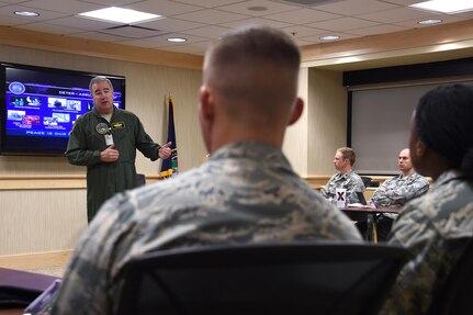 U.S. Air Force Maj. Gen. Richard Evans III, director of Reserve forces and mobilization assistant to the commander of U.S. Strategic Command (USSTRATCOM), discusses strategic deterrence with students and instructors from the School for Advanced Nuclear Deterrence Studies (SANDS) during their visit to USSTRATCOM headquarters at Offutt Air Force Base, Neb., July 24, 2017. During their visit, SANDS students will receive briefings on USSTRATCOM’s missions, history and structure, and participate in USSTRATCOM’s annual Deterrence Symposium. One of nine Department of Defense unified combatant commands, USSTRATCOM has global strategic missions assigned through the Unified Command Plan that include strategic deterrence, space operations, cyberspace operations, joint electronic warfare, global strike, missile defense, intelligence, and analysis and targeting.