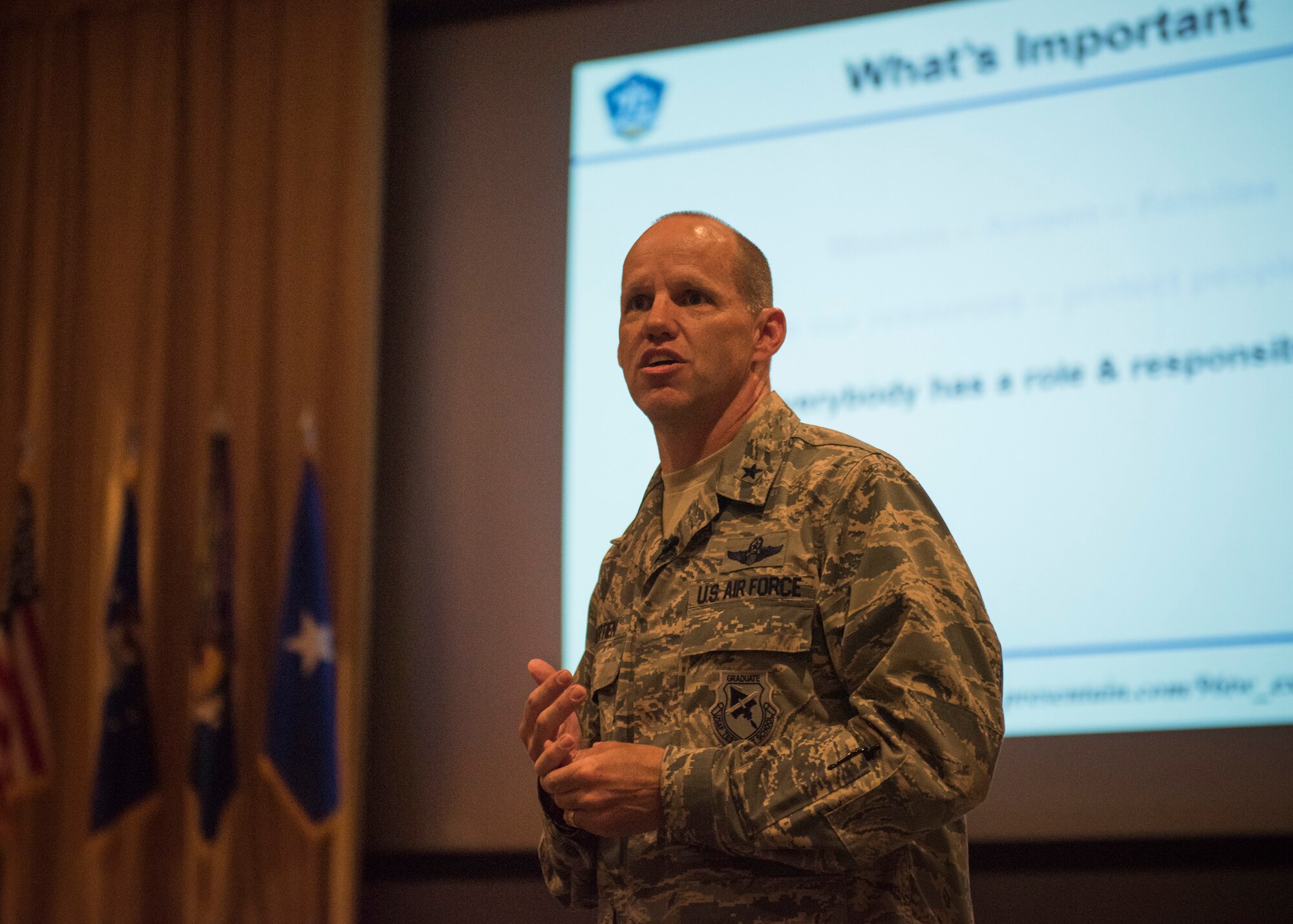 Brig. Gen. Evan Dertien, 96th Test Wing commander, speaks to Airmen during his first commander’s call at Eglin Air Force Base, Fla., July 20. Dertien stressed the importance of every Airman’s role in support of the wing’s test mission and in providing agile mission support to mission partners. He also talked about Eglin’s role in the nation’s defense. (U.S. Air Force photo/Ilka Cole) 