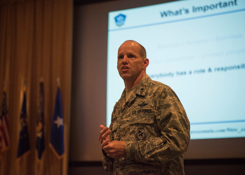 Brig. Gen. Evan Dertien, 96th Test Wing commander, speaks to Airmen during his first commander’s call at Eglin Air Force Base, Fla., July 20. Dertien stressed the importance of every Airman’s role in support of the wing’s test mission and in providing agile mission support to mission partners. He also talked about Eglin’s role in the nation’s defense. (U.S. Air Force photo/Ilka Cole) 