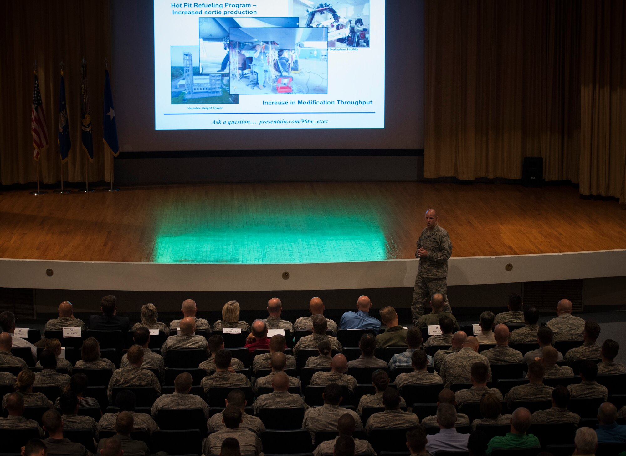 Brig. Gen. Evan Dertien, 96th Test Wing commander, speaks to Airmen during his first commander’s call at Eglin Air Force Base, Fla., July 20. Dertien stressed the importance of every Airman’s role in support of the wing’s test mission and in providing agile mission support to mission partners. He also talked about Eglin’s role in the nation’s defense. (U.S. Air Force photo/Ilka Cole) 