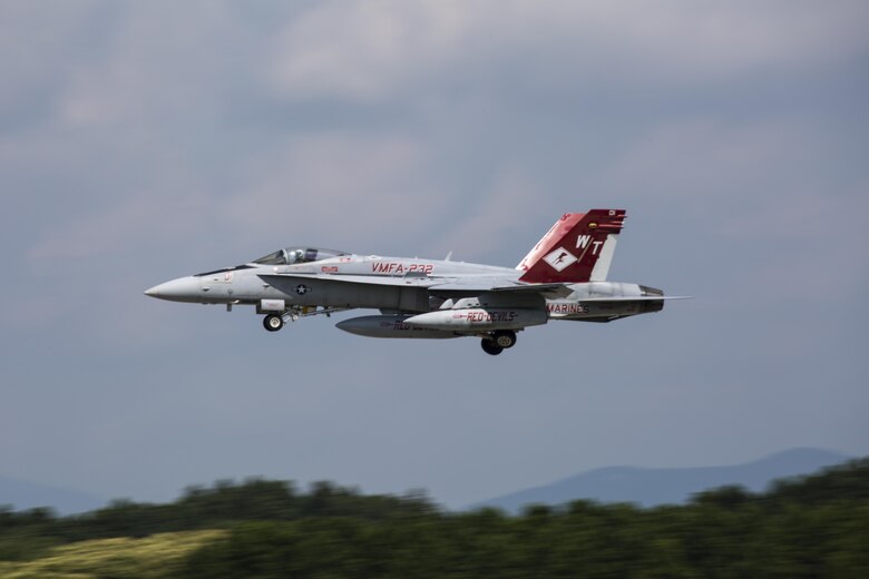 A U.S. Marine Corps F/A-18C Hornet with Marine Fighter Attack Squadron (VMFA) 232 takes off from Japan Air Self-Defense Force (JASDF) Hyakuri Air Base, Japan to return to Marine Corps Air Station (MCAS) Iwakuni July 24, 2017. This was the first time that VMFA-232 has been to JASDF Hyakuri Air Base, which gave the local Japanese forces the ability to simulate air-to-air maneuvers with dissimilar aircraft. (U.S. Marine Corps photo by Lance Cpl. Mason Roy)