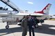 Juan Alonzo and Lt. Col. Kevin Walsh, U.S. Air Force Thunderbirds #7 pilot, pose in front of an F-16 Fighting Falcon after a successful celebrity flight July 24, 2017, at the Wyoming Air National Guard Base, Cheyenne, Wyo. Alonzo is a U.S. Army veteran and Championship Bull Rider competing in the World Finals during the 2017 Cheyenne Frontier Days. (U.S. Air Force photo by 2d Lt. Nikita Thorpe)