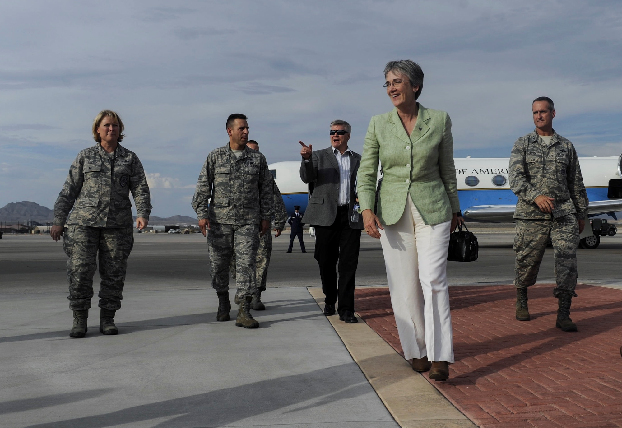 Air Force Secretary Heather Wilson arrives at Nellis Air Force Base, Nev., July 17, 2017. During her visit, Wilson saw firsthand how Nellis is at the forefront of modernization. (U.S. Air Force photo by Senior Airman Kevin Tanenbaum)