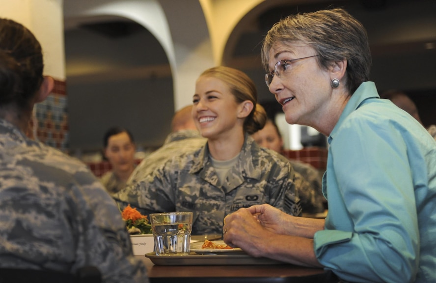 Heather Wilson, secretary of the Air Force, listens to Airmen’s stories during a lunch at the Crosswinds Dining Facility at Nellis Air Force Base, Nevada, July 18, 2017. Wilson spent her lunch speaking with as many Airmen as she could to get a sense of the type of issues affecting them most. (U.S. Air Force photo by Senior Airman Kevin Tanenbaum)