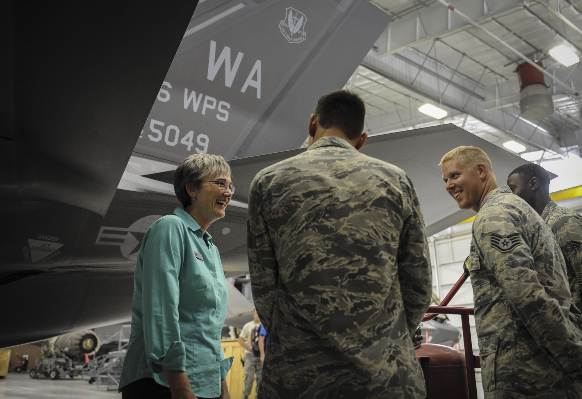 Heather Wilson, secretary of the Air Force, receives a tour of the F-35 Lighting II fighter jet inside the Lighting Aircraft Maintenance Unit hangar by 57th Maintenance Group Airmen on Nellis Air Force Base, Nevada, July 18, 2017. During the tour Wilson reiterated the importance of readiness, modernization and innovation in order to remain the greatest Air Force in the world. (U.S. Air Force photo by Senior Airman Kevin Tanenbaum)