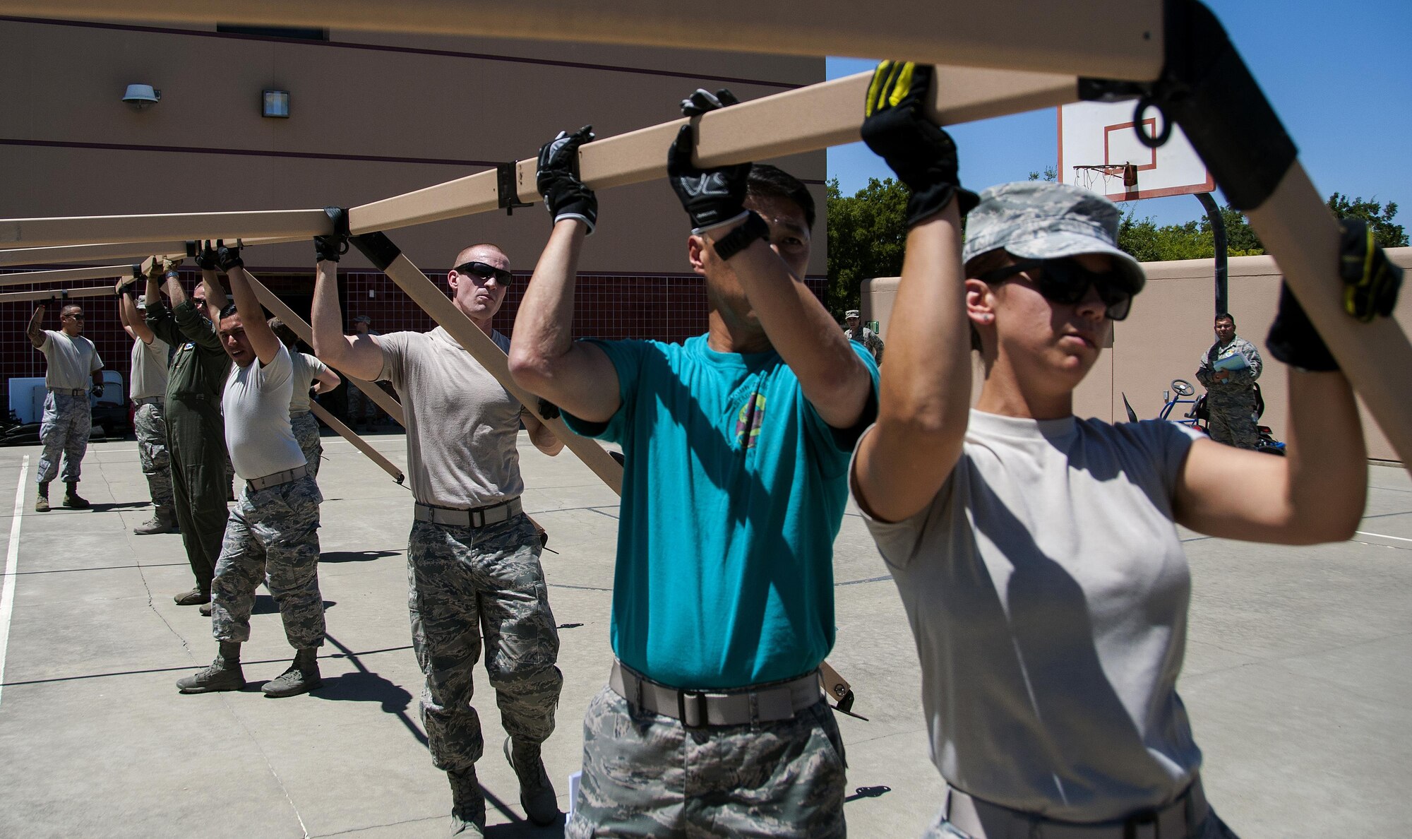 Members of the 349th Aeromedical Staging Squadron put together an En-Route Patient Staging Facility as part of a unit evaluation inspection for Patriot Wyvern at Travis Air Force Base, Cali., on July 22, 2017. The 349th ASTS members had one hour to set up the ERPSF and communications. They accomplished their task in less than 30 minutes. (U.S. Air Force photo by Staff Sgt. Daniel Phelps)