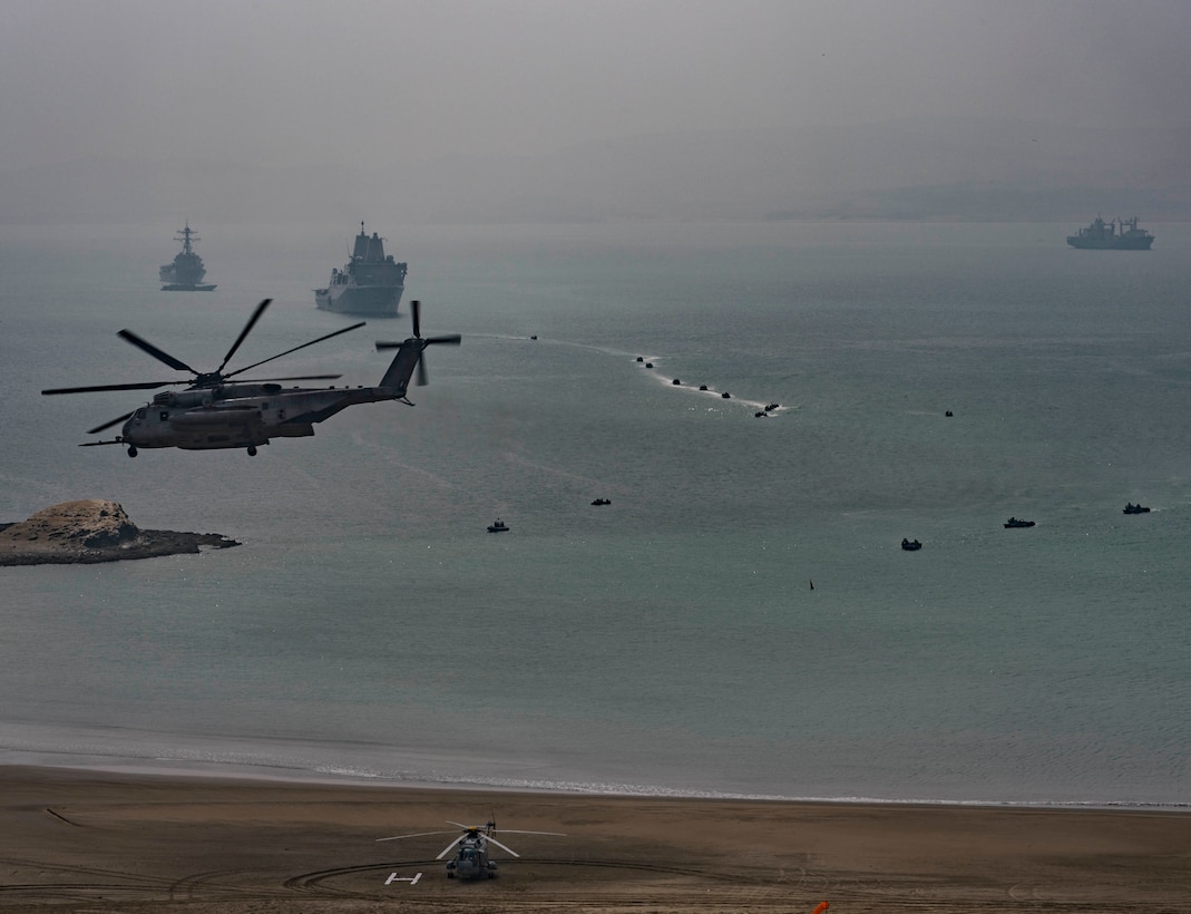 Ships and aircraft representing 19 nations participating in multinational exercise Unitas 2017 conduct joint amphibious landing demonstration, Salinas, Peru, July 22, 2017 (U.S. Navy/Bill Dodge)