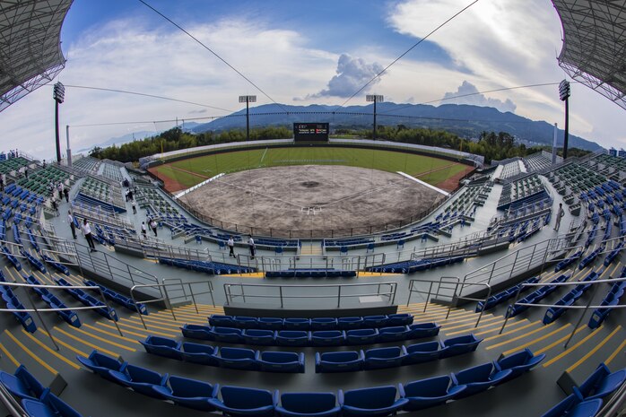 Guests tour Kizuna Stadium during a scoreboard lighting ceremony in Iwakuni City, Japan, July 19, 2017. The ceremony offered a private viewing of the almost completed stadium that is to be used by U.S. service members, their families and local Japanese.  (U.S. Marine Corps photo by Cpl. Joseph Abrego)