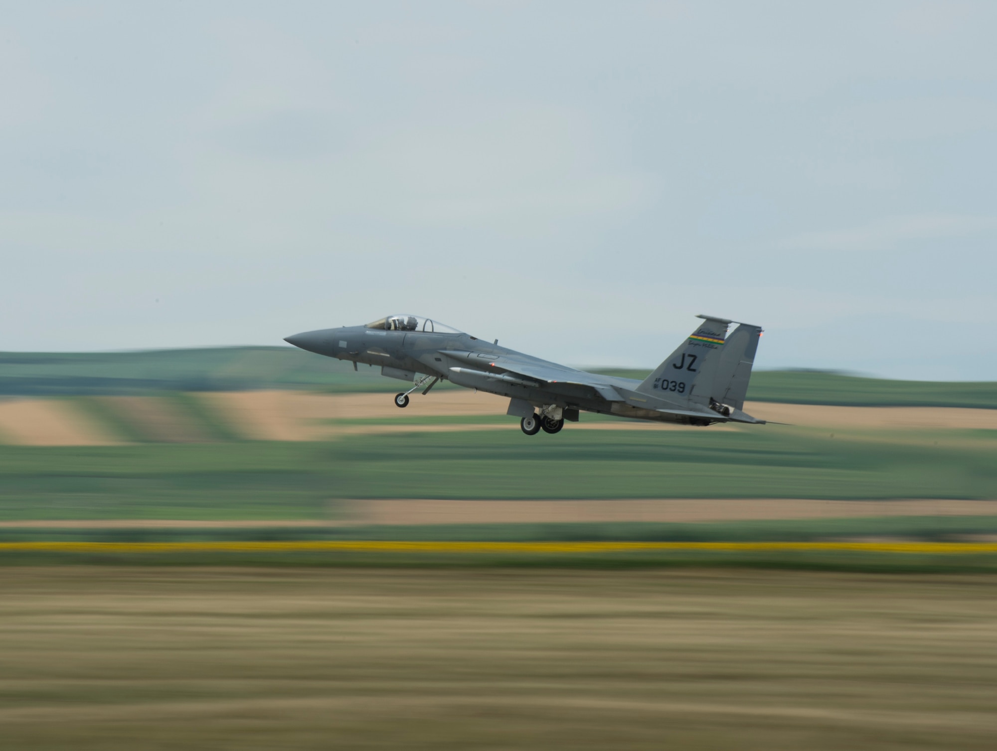 An F-15C Eagle fighter aircraft from the 159th Expeditionary Fighter Squadron takes off from Campia Turzii, Romania, July 12, 2017. The squadron is in Romania in support of Operation Atlantic Resolve, an ongoing operation meant to enhance the security of Europe and bolster partnership between NATO allies. (U.S. Air Force photo by Tech. Sgt. Chad Warren)