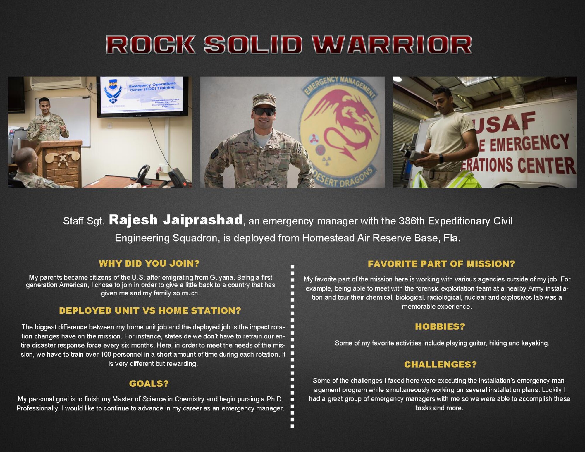 This week's Rock Solid Warrior is Staff Sgt. Rajesh Jaiprashad, a 386th Expeditionary Civil Engineering Squadron, emergency manager, deployed from Homestead Air Reserve Base, Florida. The Rock Solid Warrior program is a way to recognize and spotlight the Airmen of the 386th Air Expeditionary Wing for their positive impact and commitment to the mission. (U.S. Air Force graphic by Tech. Sgt. Jonathan Hehnly)