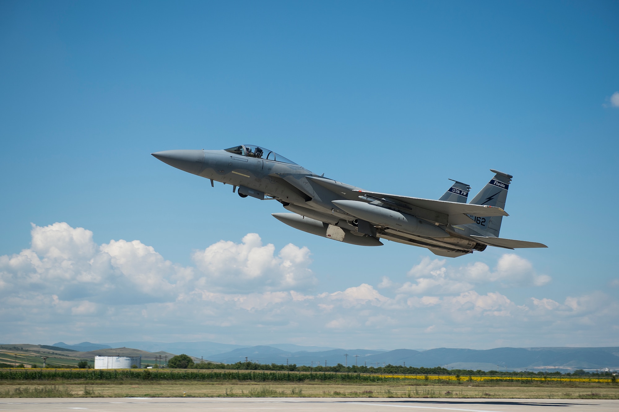 An F-15C Eagle fighter aircraft from the 159th Expeditionary Fighter Squadron takes off from Campia Turzii, Romania, July 18, 2017. The squadron is in Romania in support of Operation Atlantic Resolve, an ongoing operation meant to enhance the security of Europe and bolster partnership between NATO allies. (U.S. Air Force photo by Tech. Sgt. Chad Warren)