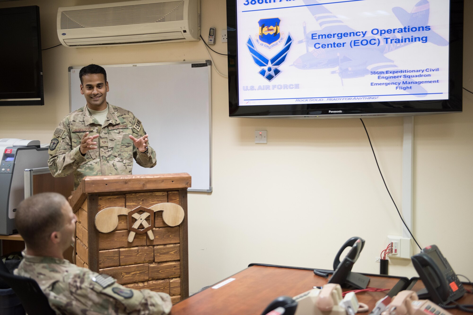 This week's Rock Solid Warrior is Staff Sgt. Rajesh Jaiprashad, a 386th Expeditionary Civil Engineering Squadron, emergency manager, deployed from Homestead Air Reserve Base, Florida. The Rock Solid Warrior program is a way to recognize and spotlight the Airmen of the 386th Air Expeditionary Wing for their positive impact and commitment to the mission. (U.S. Air Force photo by Tech. Sgt. Jonathan Hehnly)