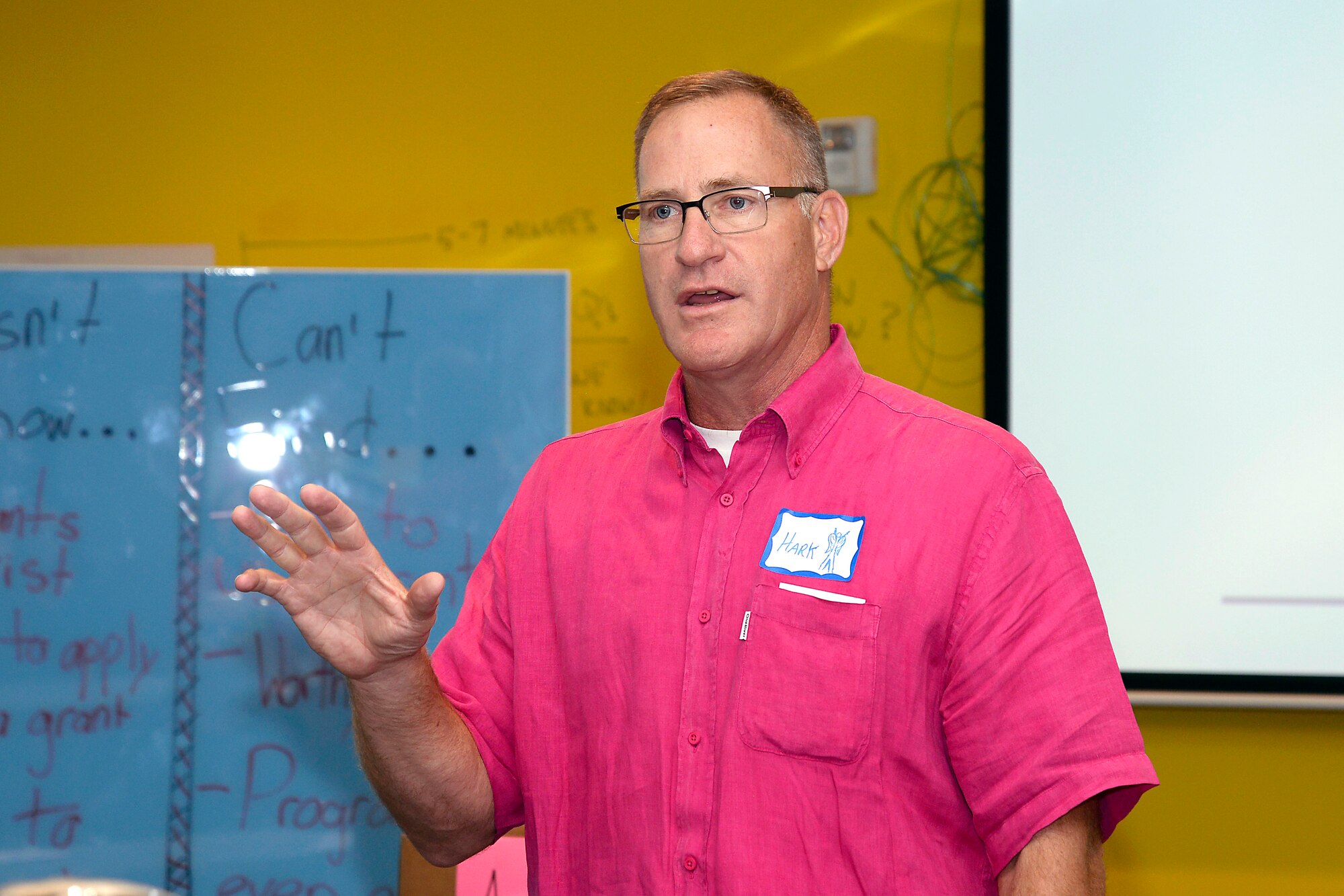 Col. Joe “Hark” Herold, CyberWorx industry liaison, speaks at the CyberWorx Design Sprint July 20, 2017, at the U.S. Air Force Academy. The Design Sprints promote cyber innovation and exploit the Air Force’s partnership with its academic and tech-transfer partners. (U.S. Air Force photo/Darcie Ibidapo)