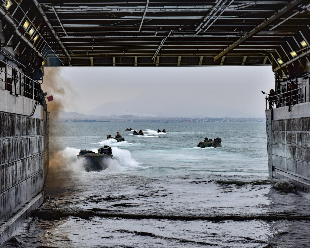 PACIFIC OCEAN - (Jul. 23, 2017)  -- U.S. Marine Corps Assault Amphibious Vehicles (AAV/P7-A1) depart the amphibious transport dock ship USS Somerset (LPD 25) in support of UNITAS LVIII. UNITAS is an annual, multi-national exercise that focuses on strengthening our existing regional partnerships and encourages establishing new relationships through the exchange of maritime mission-focused knowledge and expertise during multinational training operations.  (U.S. Navy Photo by Mass Communication Specialist 2nd Class Jacob I. Allison/RELEASED)