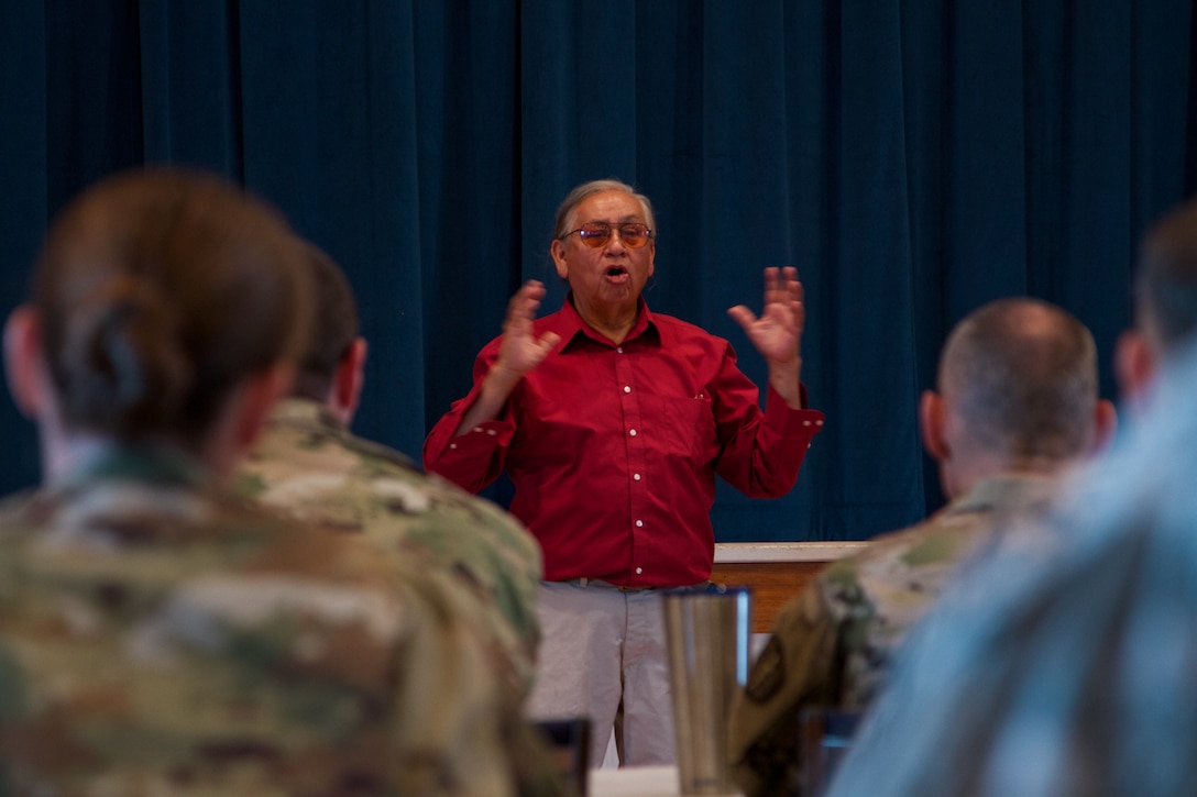 Albert Foote Sr., an elder Native American from Poplar, Montana, was invited to give a cultural briefing by the Fort Peck Indian Health Service to welcome Soldiers of the 7239th Medical Support Unit, Chattanooga, Tennessee, by explaining local residents’ culture and traditions as they begin their Innovative Readiness Training at the Verne E. Gibbs Clinic at Poplar, July 17, 2017. The mission is a civil-military program that builds a mutually beneficial partnership between U.S. communities and the Department of Defense to meet training and readiness requirements for Active, Guard and Reserve service members while addressing public and civil society needs. (U.S. Army Reserve photo by Spc. Claudia Rocha 345th Public Affairs Detachment)