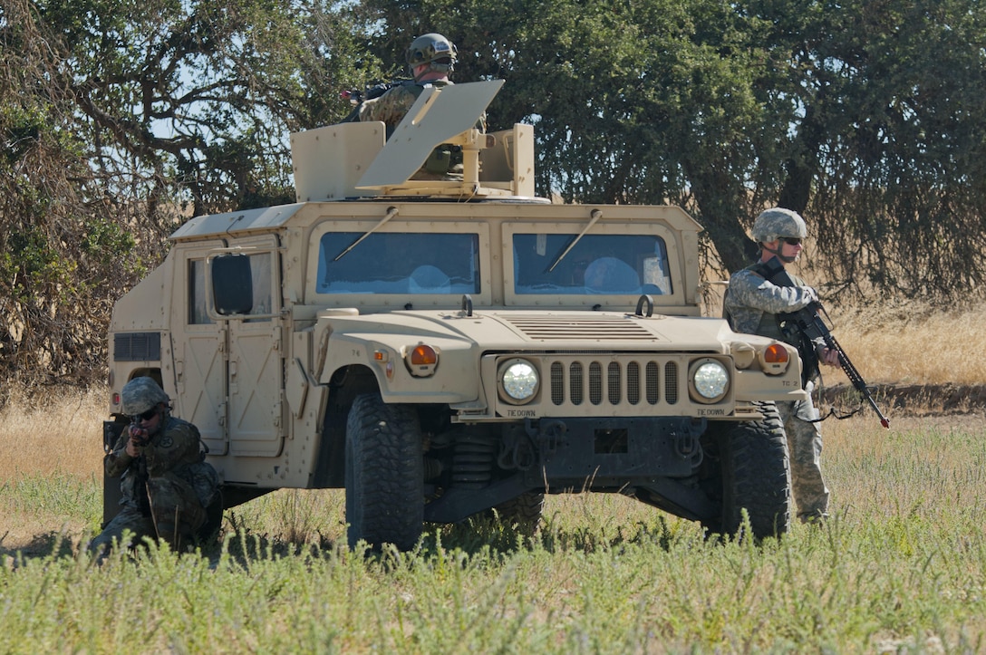 Army Reserve Soldiers from the 949th Transportation Detachment (Movement Control Team) out of Boise, Idaho, pull security during  Combat Support Training Exercise 91-17-03 at Camp Roberts, Calif., on July 20, 2017. Nearly 5,400 service members from the U.S. Army Reserve, U.S. Army, Army National Guard, U.S. Navy, and Canadian Armed Forces are training at Fort Hunter Liggett, Calif., as part of the 84th Training Command’s CSTX 91-17-03 and ARMEDCOM’s Global Medic; this is a unique training opportunity that allows U.S. Army Reserve units to train alongside their multi-component and joint partners as part of the America’s Army Reserve evolution into the most lethal Federal Reserve force in the history of the nation. (U.S. Army Reserve photo by Sgt. Thomas Crough, 301st Public Affairs Detachment)