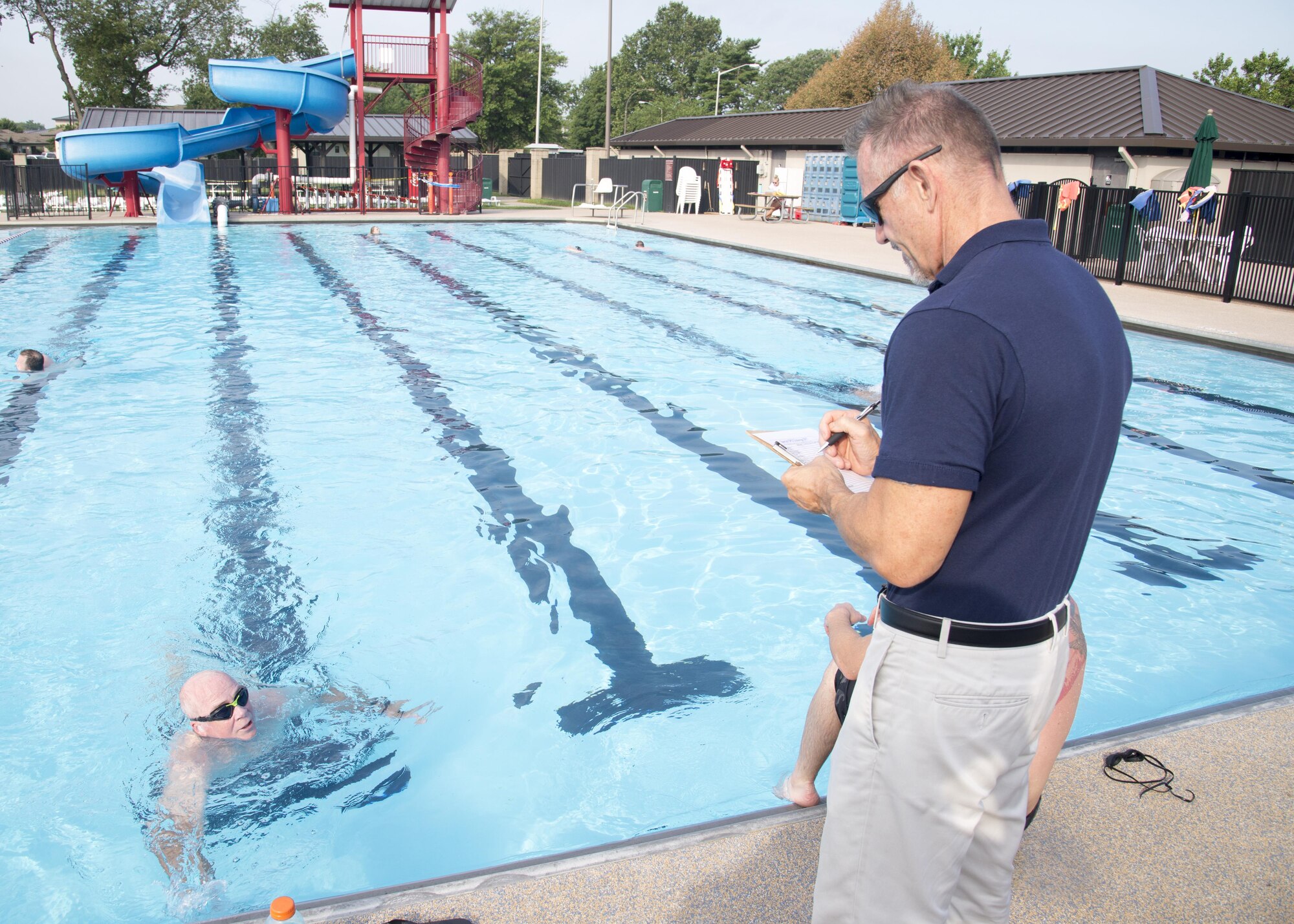 A Special Ops Challenge participant completes 10 laps during the 500-meter swim July 17, 2017, at the Oasis Pool on Dover Air Force Base, Del. Team Dover members entered the challenge consisting of five events that tested their speed and stamina. (U.S. Air Force photo/Staff Sgt. Jared Duhon)