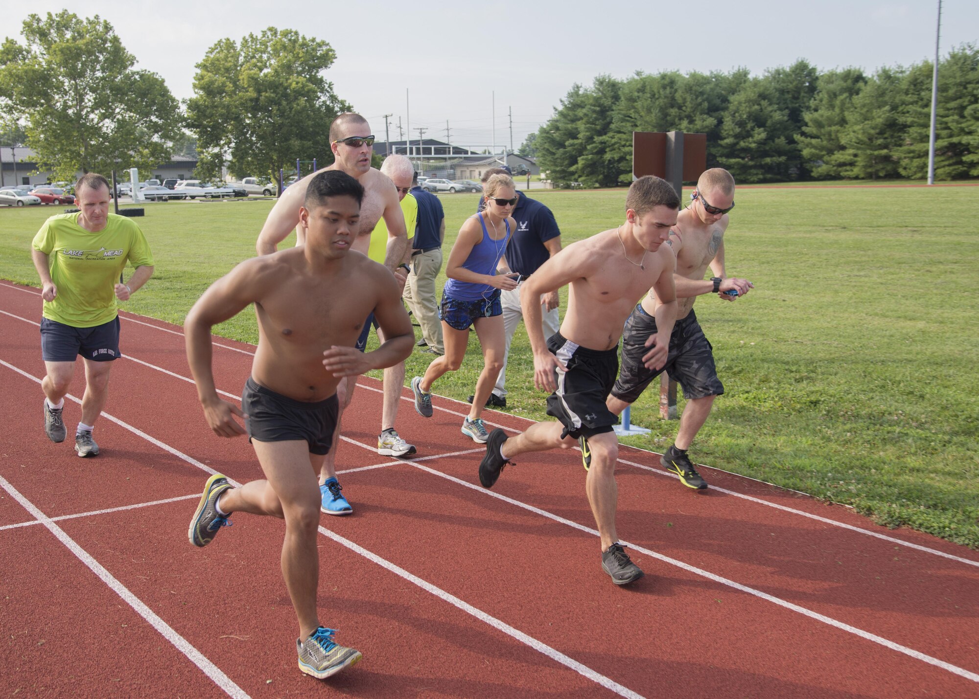 Team Dover Airmen compete during the Special Ops Challenge 1.5-mile run July 17, 2017, at the base track on Dover Air Force Base, Del. Team Dover members entered the challenge consisting of five events that tested their speed and stamina. (U.S. Air Force photo/Staff Sgt. Jared Duhon)