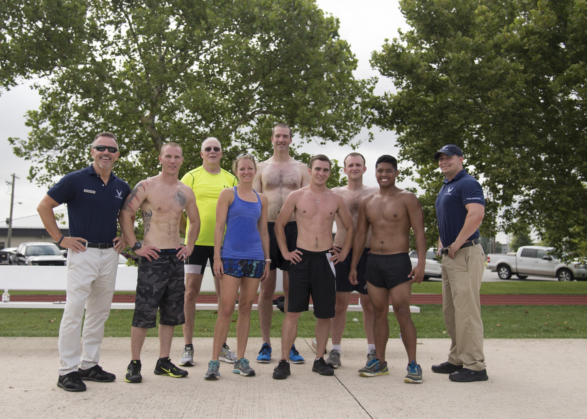 Team Dover Airmen pose for a group photo during the Special Ops Challenge July 17, 2017, at the base track on Dover Air Force Base, Del. Team Dover members entered the challenge consisting of five events that tested their speed and stamina. (U.S. Air Force photo/Staff Sgt. Jared Duhon)