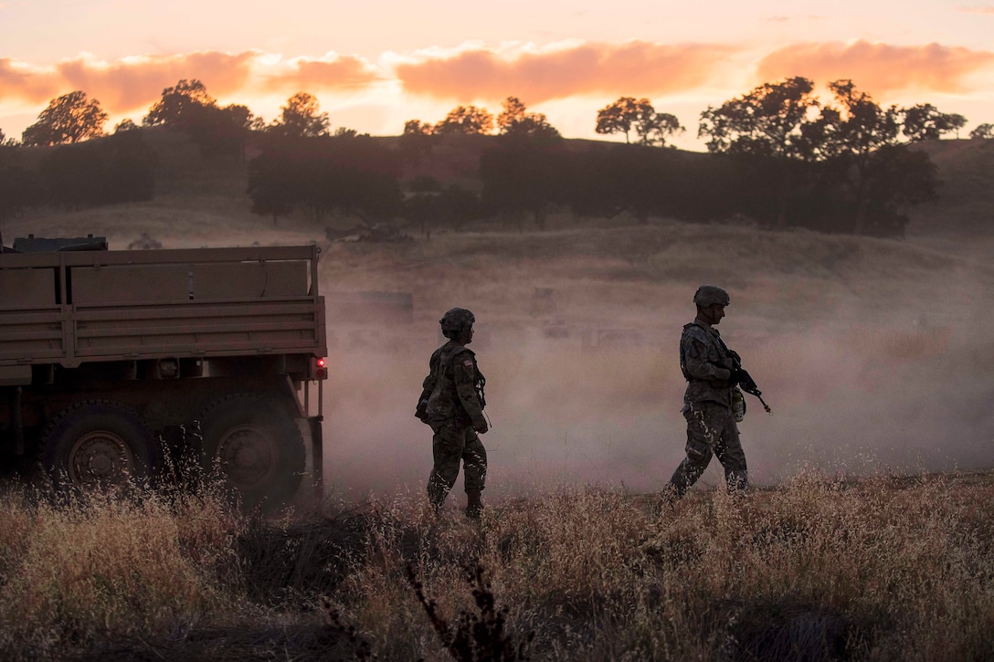 Army Reserve soldiers return from a reconnaissance patrol the night before a morning mission during a combat support training exercise at Fort Hunter Liggett, Calif., July 21, 2017. Army Reserve photo by Master Sgt. Michel Sauret