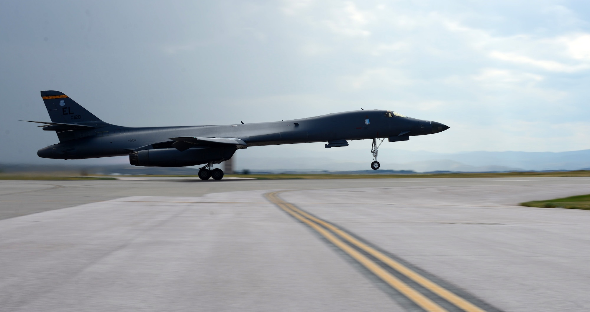 A B-1 bomber with Maj. Gen. Ferdinand Stoss III, the Director of Operations and Communications for Air Force Global Strike Command, aboard thunders of the flightline at Ellsworth Air Force Base, S.D., July 12, 2017. During the flight, Stoss was shown a number of B-1 mission capabilities to include long-range strike, close-air support, dynamic targeting, and low level strike capabilities. (U.S. Air Force photo by Airman 1st Class Donald C. Knechtel)