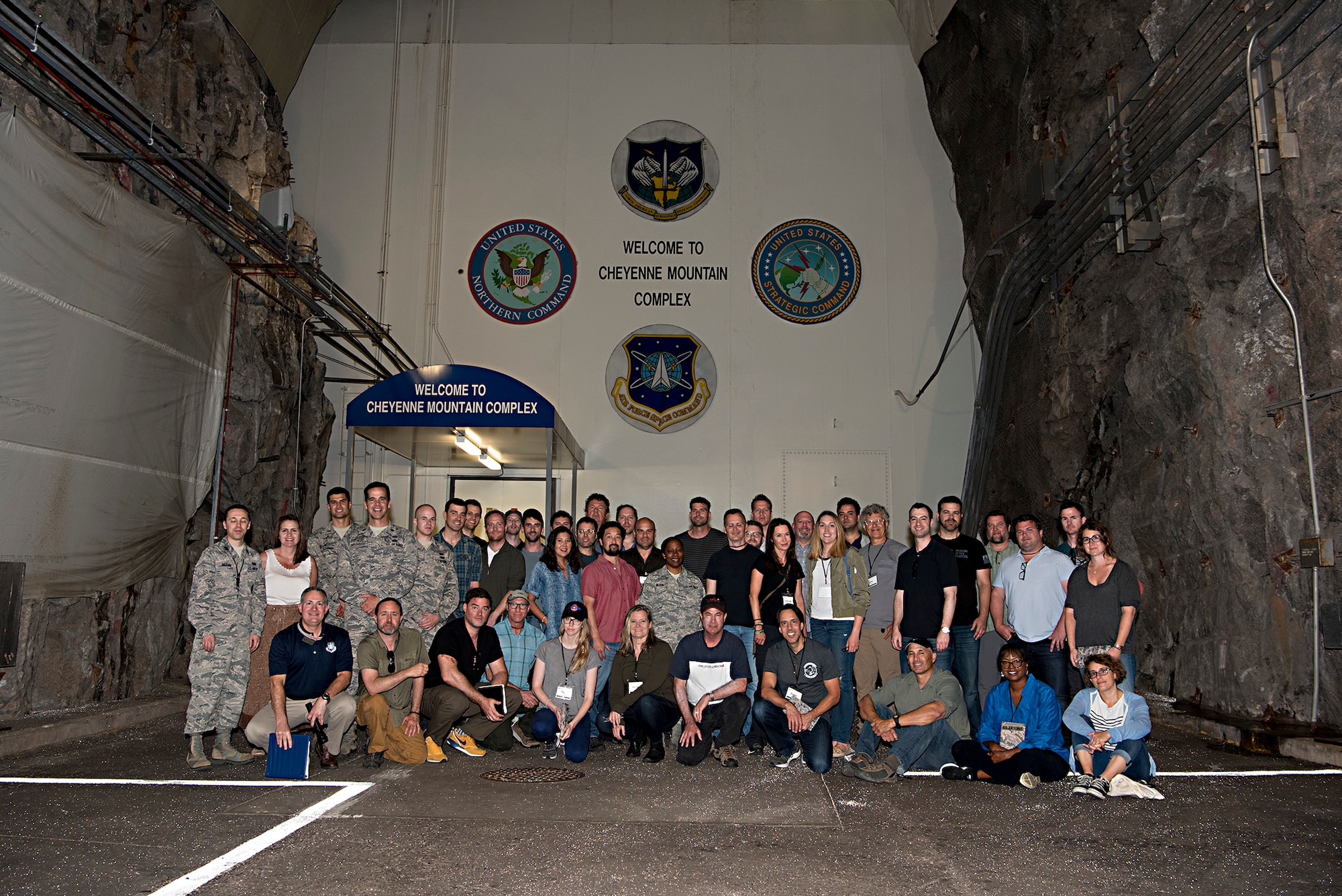 A group of Hollywood executives visit Cheyenne Mountain Air Force Station, Colo., for a tour of the complex, July 18, 2017. The tour was conducted as part of an outreach program to Hollywood screenwriters, producers and directors in an effort to give Hollywood an inside look into the Air Force space mission and ensure that any projects they produce can be represented accurately. (U.S. Air Force photo by Steve Kotecki)