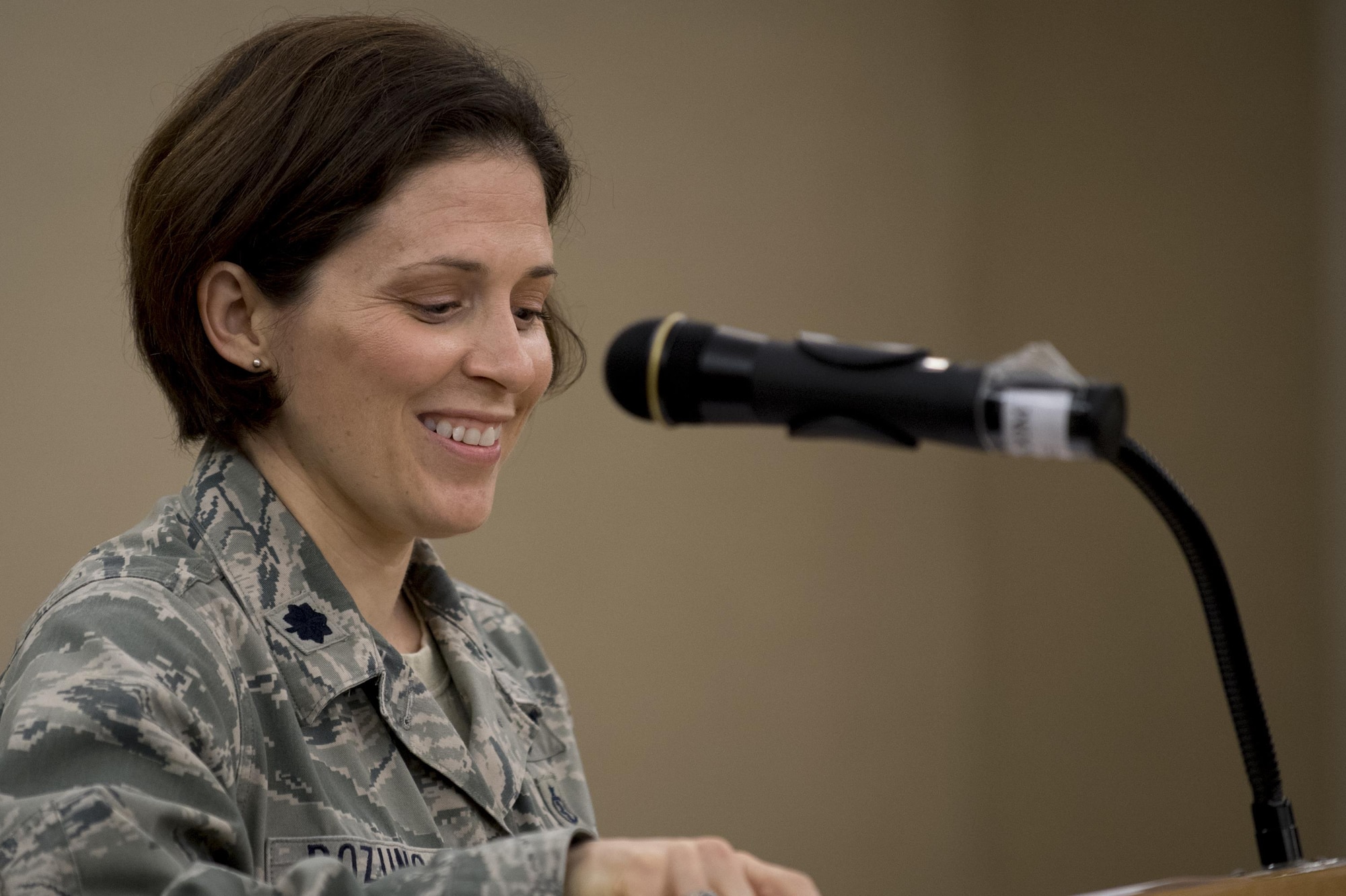 Lt. Col. Tracy Bozung, 23d Aerospace Medicine Squadron commander, gives remarks during a change of command ceremony, July 20, 2017, at Moody Air Force Base, Ga. The 23d AMDS consists of approximately 90 healthcare professionals who are organized into four flights providing services to include Flight and Base Operational Medicine, Optometry, Aerospace Physiology, Dentistry, Bioenvironmental Engineering and Public Health. (U.S. Air Force photo by Airman 1st Class Daniel Snider)