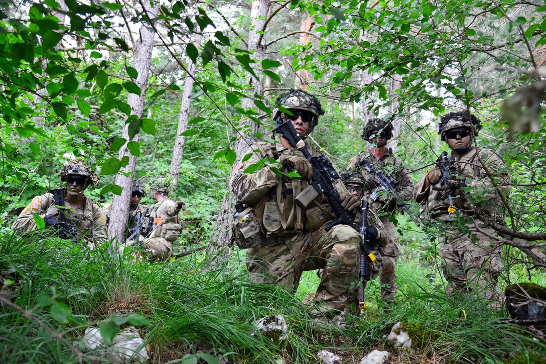 Army paratroopers assigned to the 2nd Battalion, 503rd Infantry Regiment, 173rd Airborne Brigade provide security during Exercise Rock Knight at Pocek Range in Postonja, Slovenia, July 24, 2017. The 173rd Airborne Brigade is the U.S. Army's Contingency Response Force in Europe, providing rapid-deployment forces to U.S. Army Europe, Africa and Central Command areas of responsibility. Army photo by Paolo Bovo