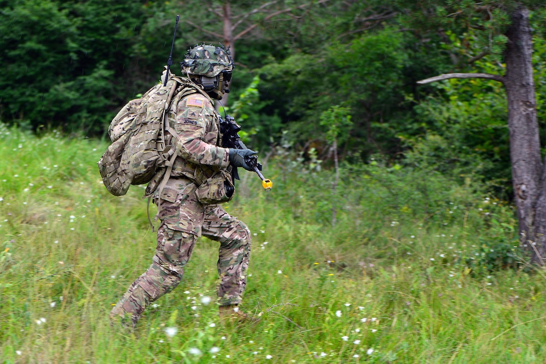 Army paratroopers assigned to the 2nd Battalion, 503rd Infantry Regiment, 173rd Airborne Brigade move toward an objective during Exercise Rock Knight at Pocek Range in Postonja, Slovenia, July 24, 2017. Exercise Rock Knight is a bilateral training exercise between the Army 173rd Airborne Brigade and the Slovenian armed forces, focused on small-unit tactics and building on previous lessons learned. Army photo by Davide Dalla Massara